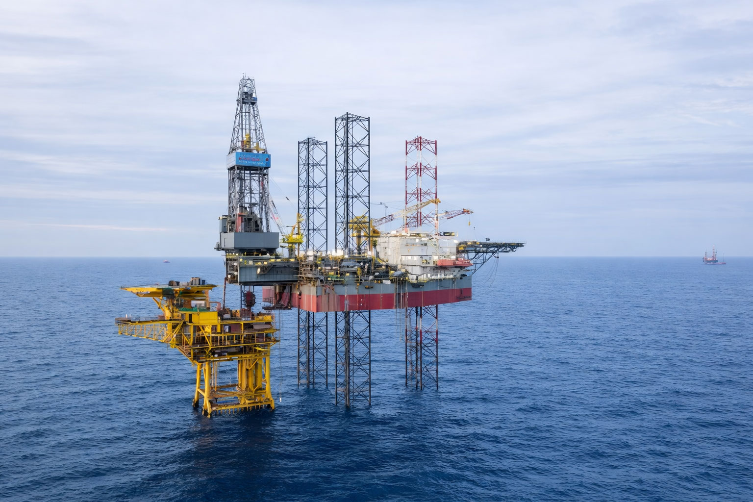 The image displays an offshore oil platform, also commonly referred to as an oil rig. Function: Offshore oil platforms are large structures situated in the sea designed to accommodate facilities and equipment for drilling, extracting, and processing oil and natural gas. Components: These platforms can be complex, often including living spaces for workers, control rooms, processing units, and communication equipment.